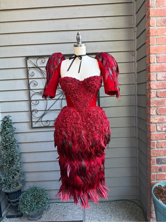 Handmade Dresses & Skirts - OOAK Red Feather & Rosette Midi Dress - Women’s size: 2/4 (measurements below)
